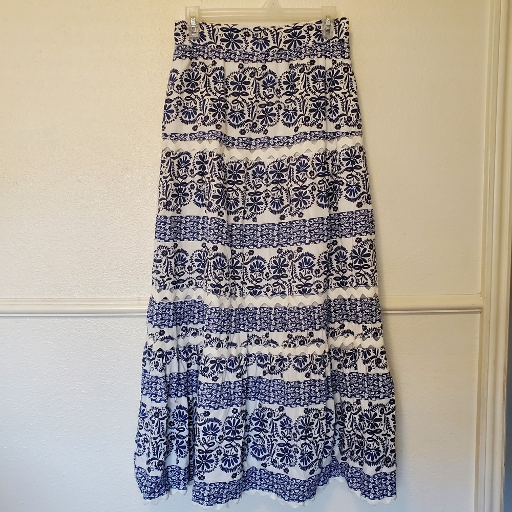 Caslon Womens Blue White Floral Block Print Tiered Maxi Skirt Size S Eyelet Trim